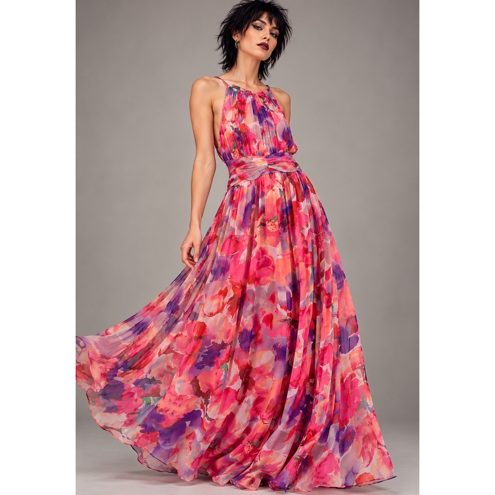 London Times Size 12 Pink Purple Floral Maxi Dress Ruched Waist